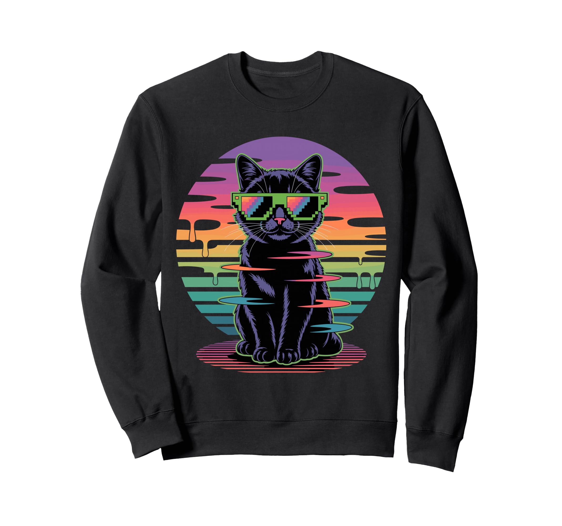Vaporwave Black Cat Pixel Sunglasses Sweatshirt - Trendy Graphic Unisex - T-Shirt, Sweatshirt, Hoodie