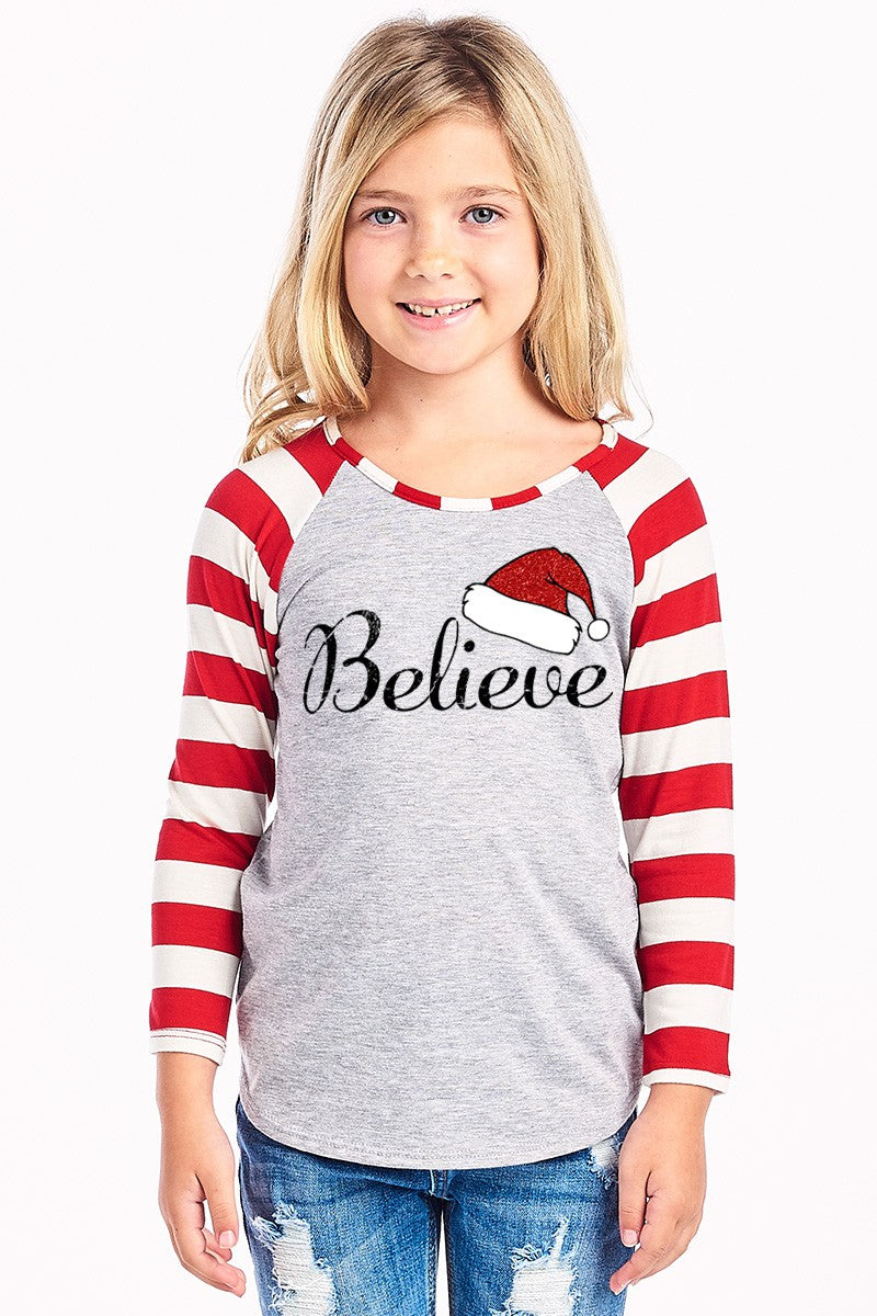 SALE Youth Believe Santa Hat Christmas Striped Sleeve - Adult & Kids T-Shirts, Sweatshirts & Hoodies apparel design preview 1