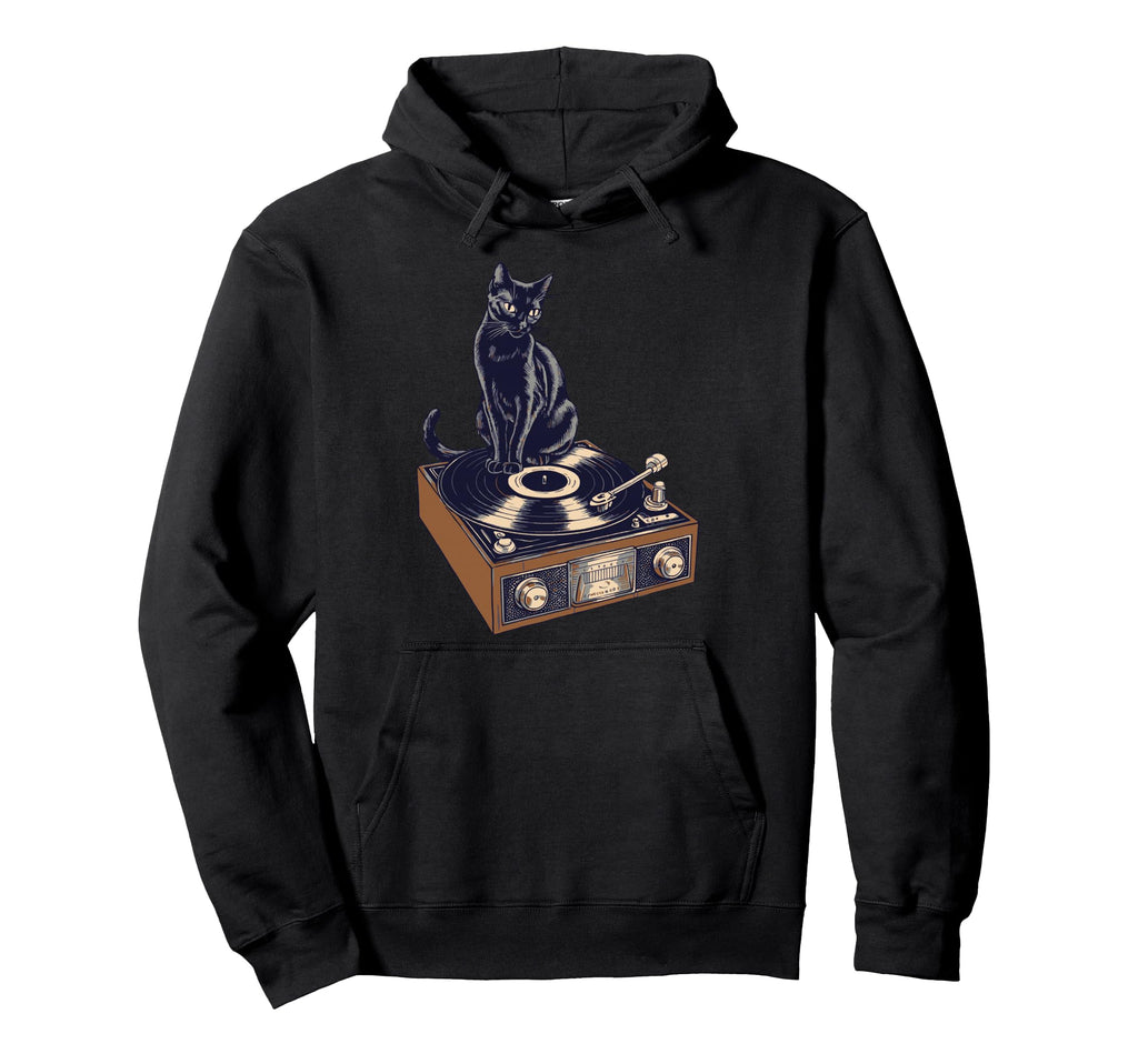 Black Cat Sitting Vinyl Record Hoodie - Fun Novelty Design Men Women - T-Shirt, Sweatshirt, Hoodie