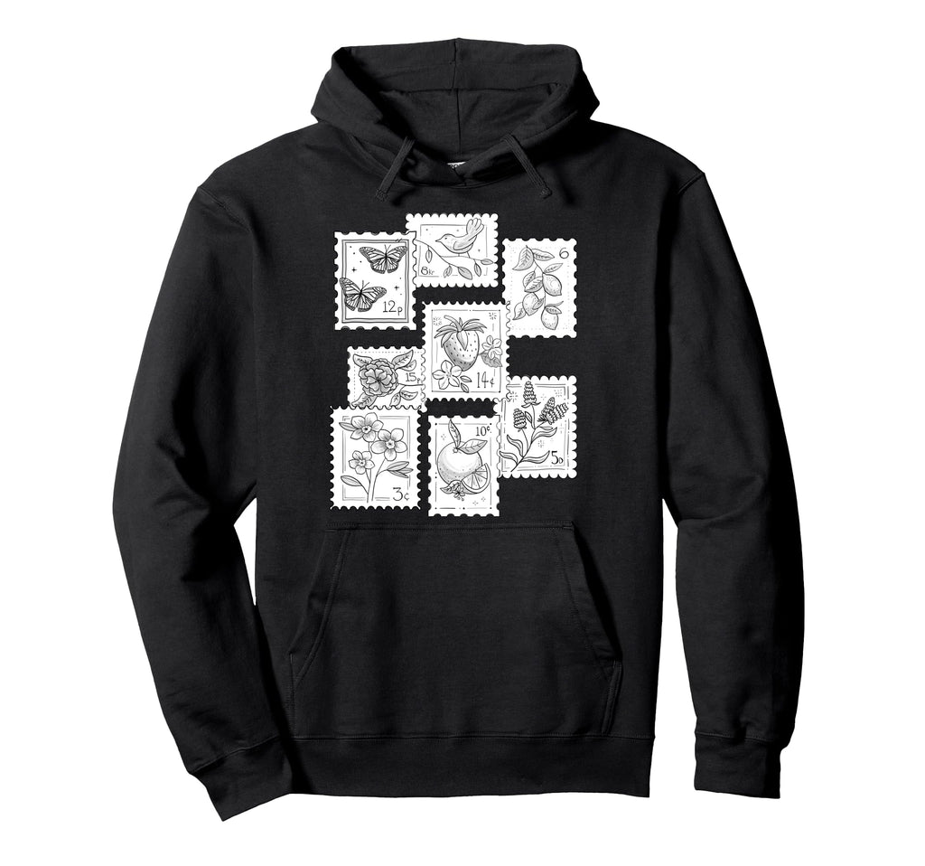 Postage Stamp Pattern Flower Butterfly Hoodie - Unique Graphic for Adults - T-Shirt, Sweatshirt, Hoodie