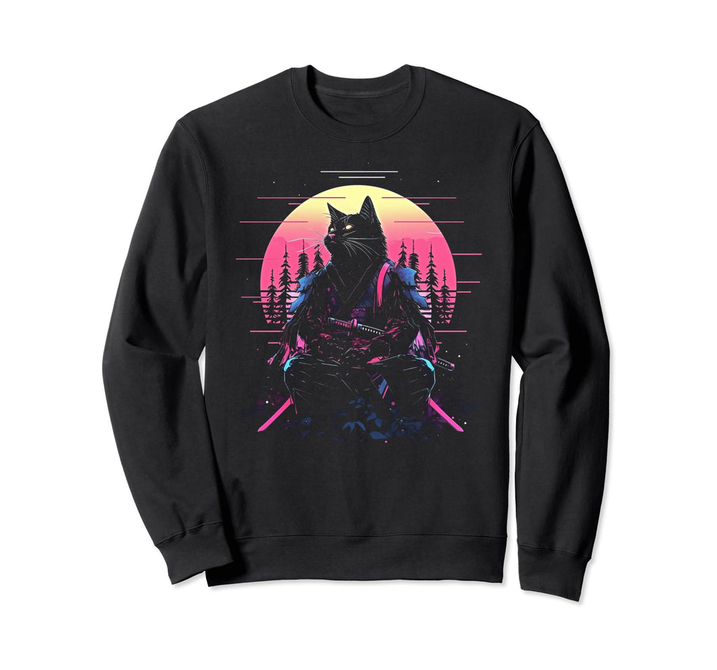 Synthwave Cat Samurai Mediation Sweatshirt - Unique Graphic for Adults - T-Shirt, Sweatshirt, Hoodie