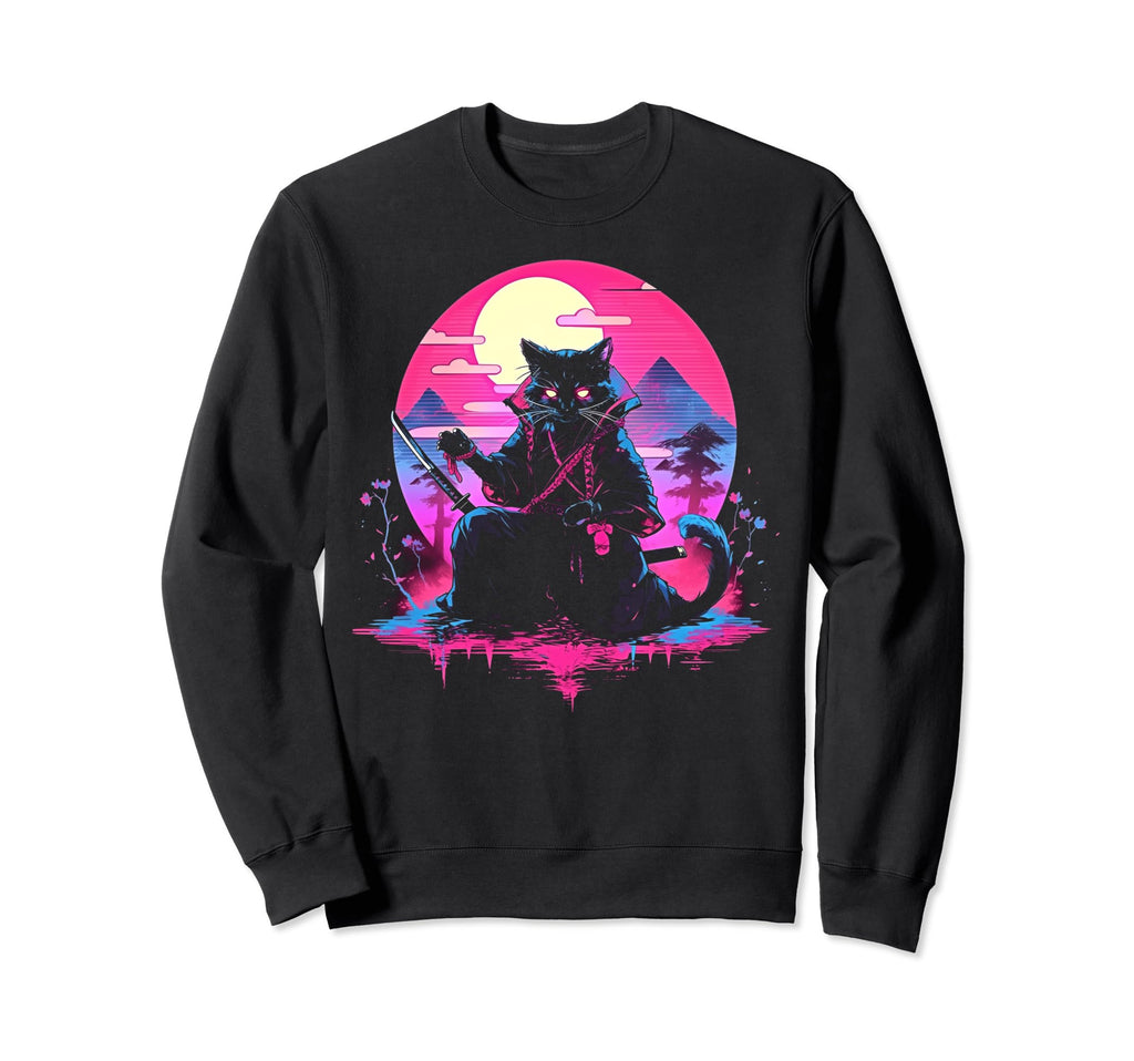 Synthwave Cat Samurai Mediation Sweatshirt - Minimalist Print Men Women - T-Shirt, Sweatshirt, Hoodie