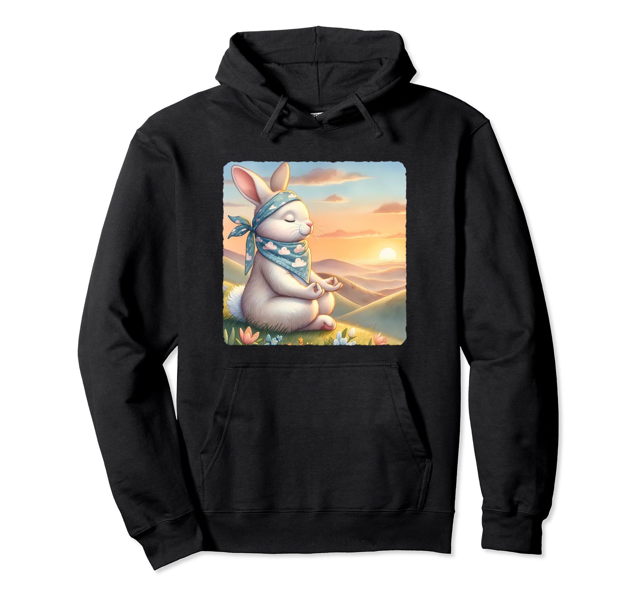 Rabbit Practicing Meditation Atop Hill Hoodie - Unique Graphic Men Women - T-Shirt, Sweatshirt, Hoodie