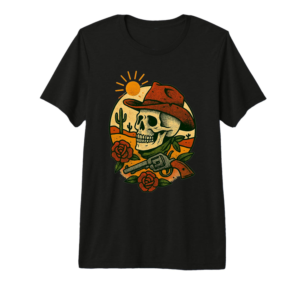 Cowboy Skull Desert Scene Tattoo Flash T-Shirt - Graphic Print Men Women - T-Shirt, Sweatshirt, Hoodie