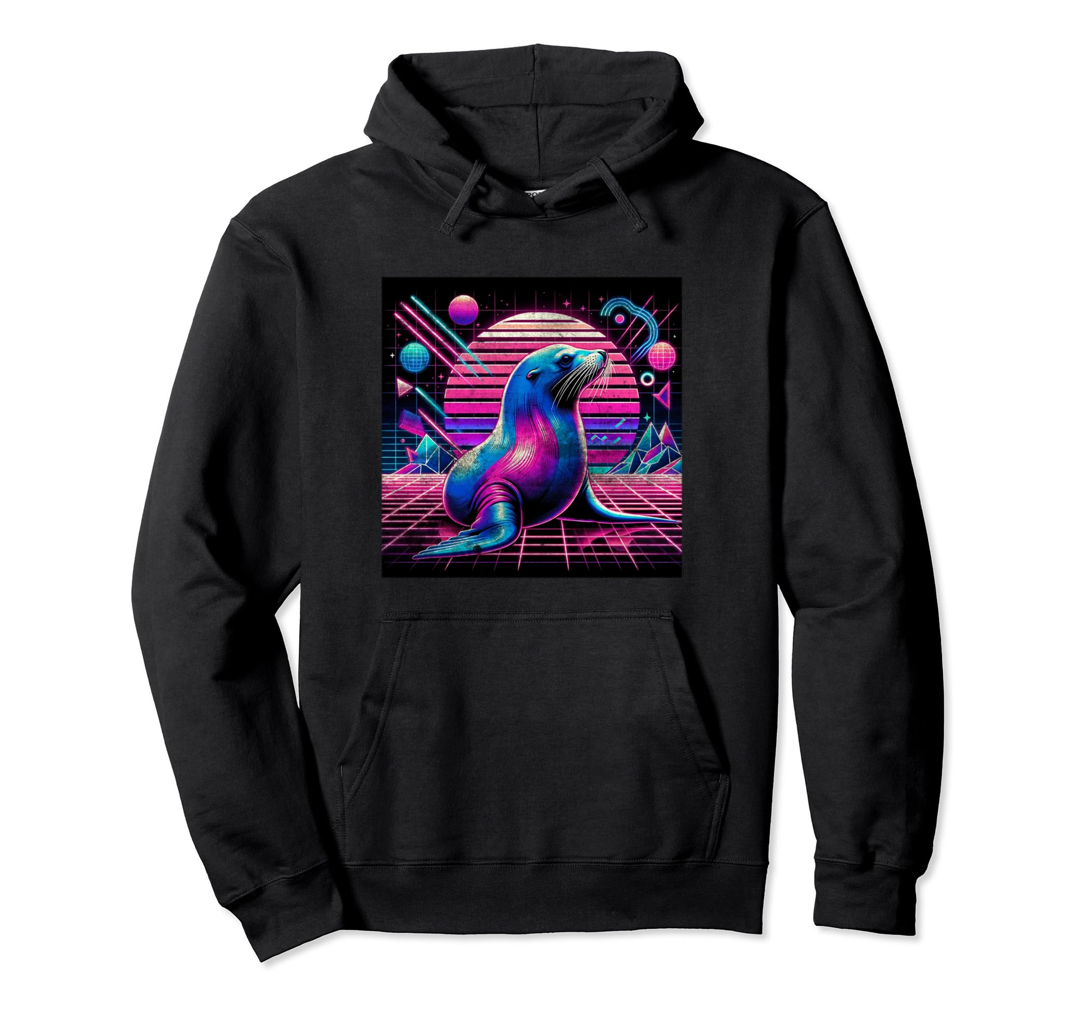 80S Sea Lion Synthwave Ocean Animal Hoodie - Unique Graphic Men Women - T-Shirt, Sweatshirt, Hoodie