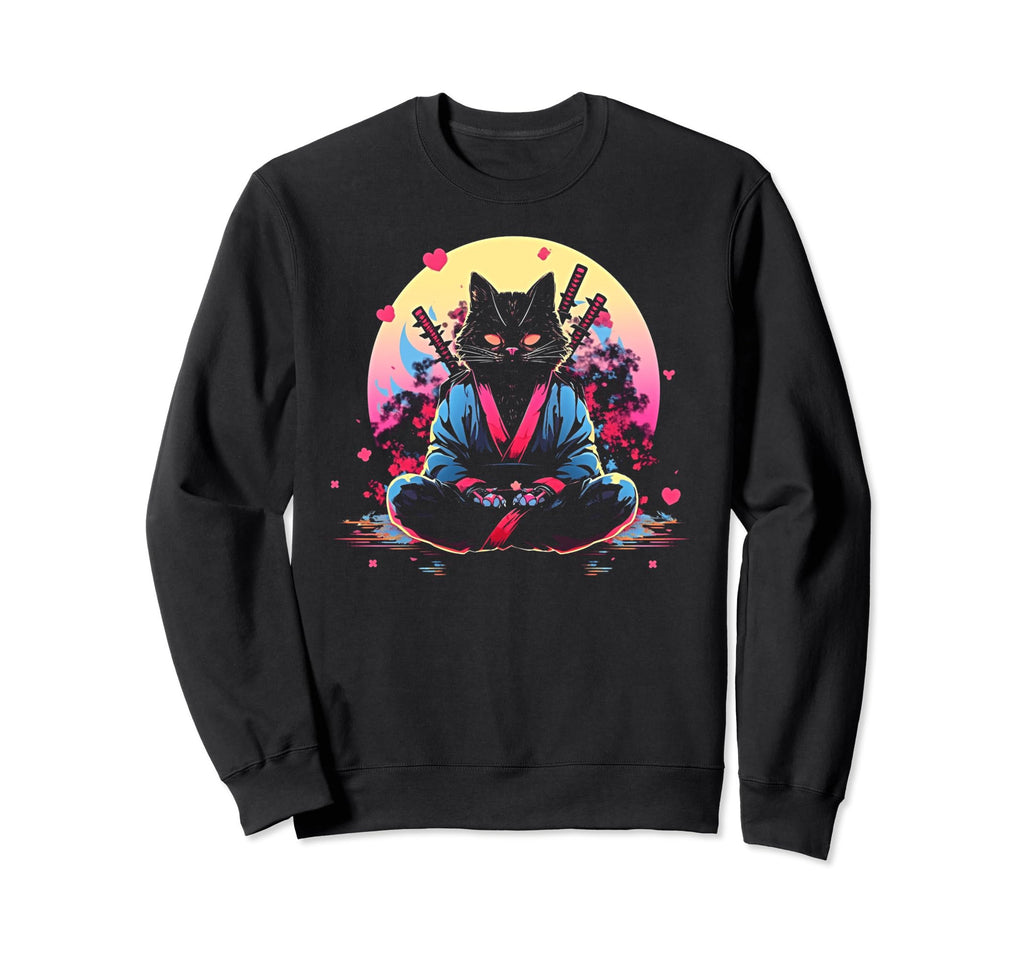Synthwave Cat Samurai Mediation Sweatshirt - Trendy Graphic Men Women - T-Shirt, Sweatshirt, Hoodie