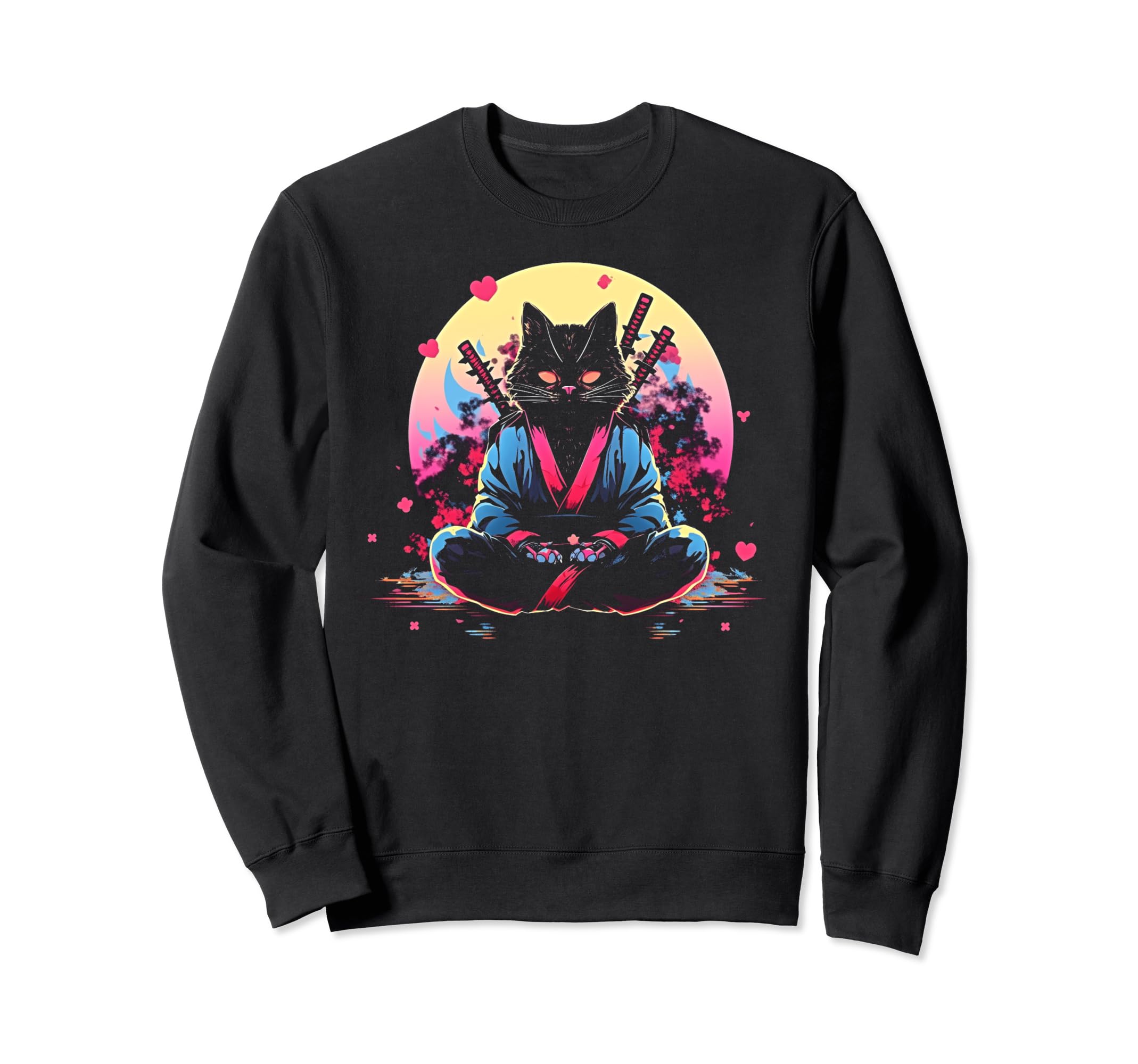 Synthwave Cat Samurai Mediation Sweatshirt - Trendy Graphic Men Women - T-Shirt, Sweatshirt, Hoodie