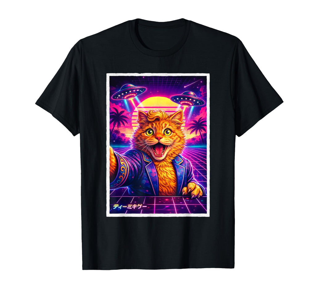 Ufo Selfie Cat Meme Synthwave 80S T-Shirt - Novelty Apparel Men Women - T-Shirt, Sweatshirt, Hoodie