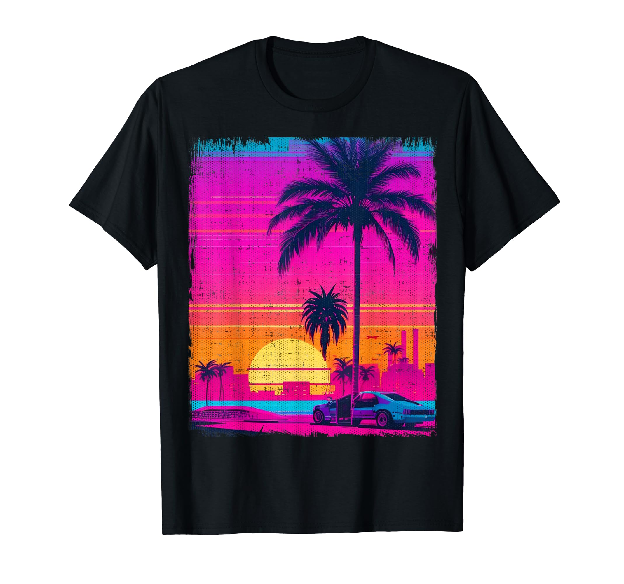 Palm Trees Sunset Car Vaporwave 80S T-Shirt - Minimalist Print Unisex - T-Shirt, Sweatshirt, Hoodie