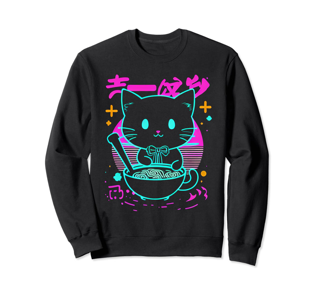 Kawaii Anime Cat Eating Ramen 80S Sweatshirt - Novelty Apparel for Adults - T-Shirt, Sweatshirt, Hoodie