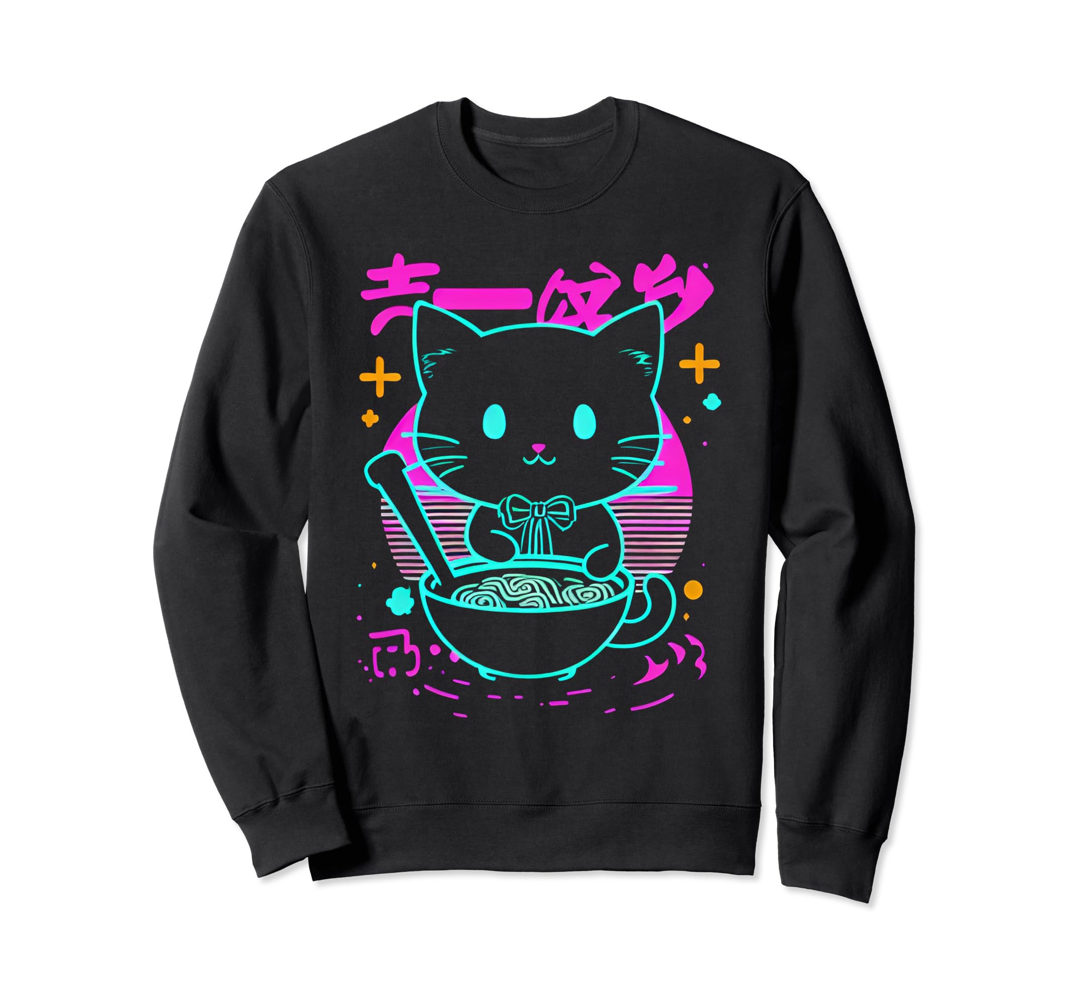 Kawaii Anime Cat Eating Ramen 80S Sweatshirt - Novelty Apparel for Adults - T-Shirt, Sweatshirt, Hoodie