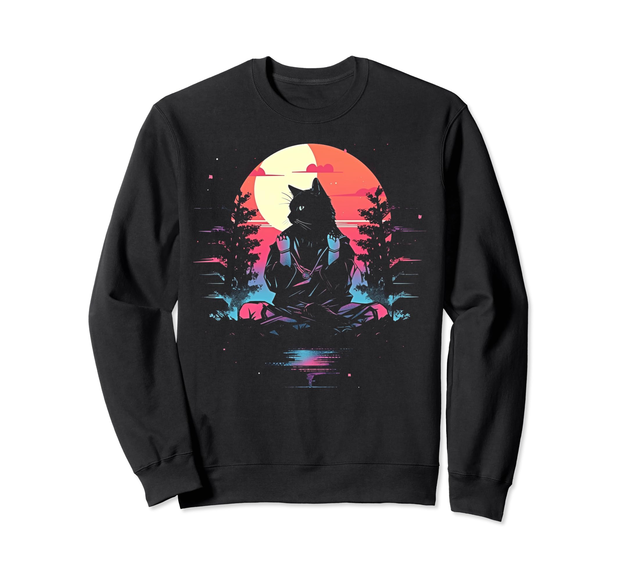 Synthwave Cat Samurai Mediation Sweatshirt - Streetwear Style for Adults - T-Shirt, Sweatshirt, Hoodie
