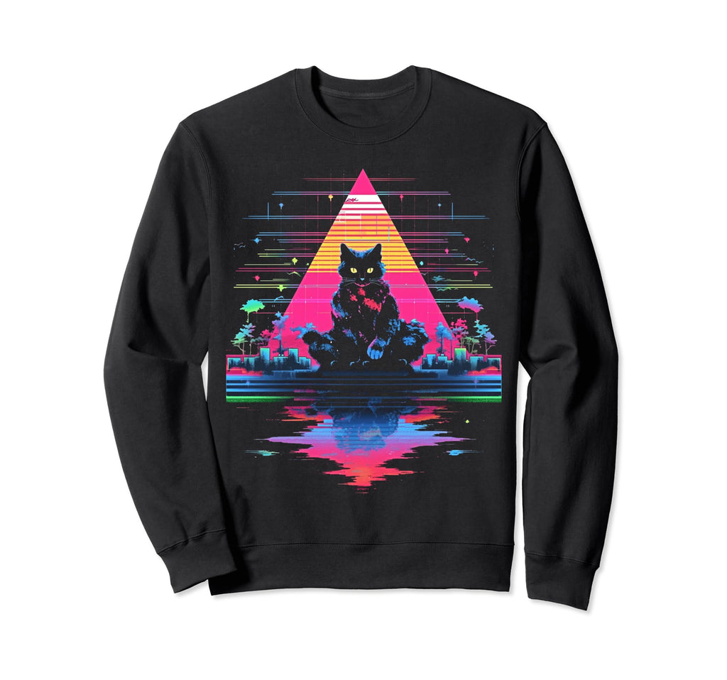 Synthwave Cat Samurai Mediation Sweatshirt - Graphic Print Men Women - T-Shirt, Sweatshirt, Hoodie