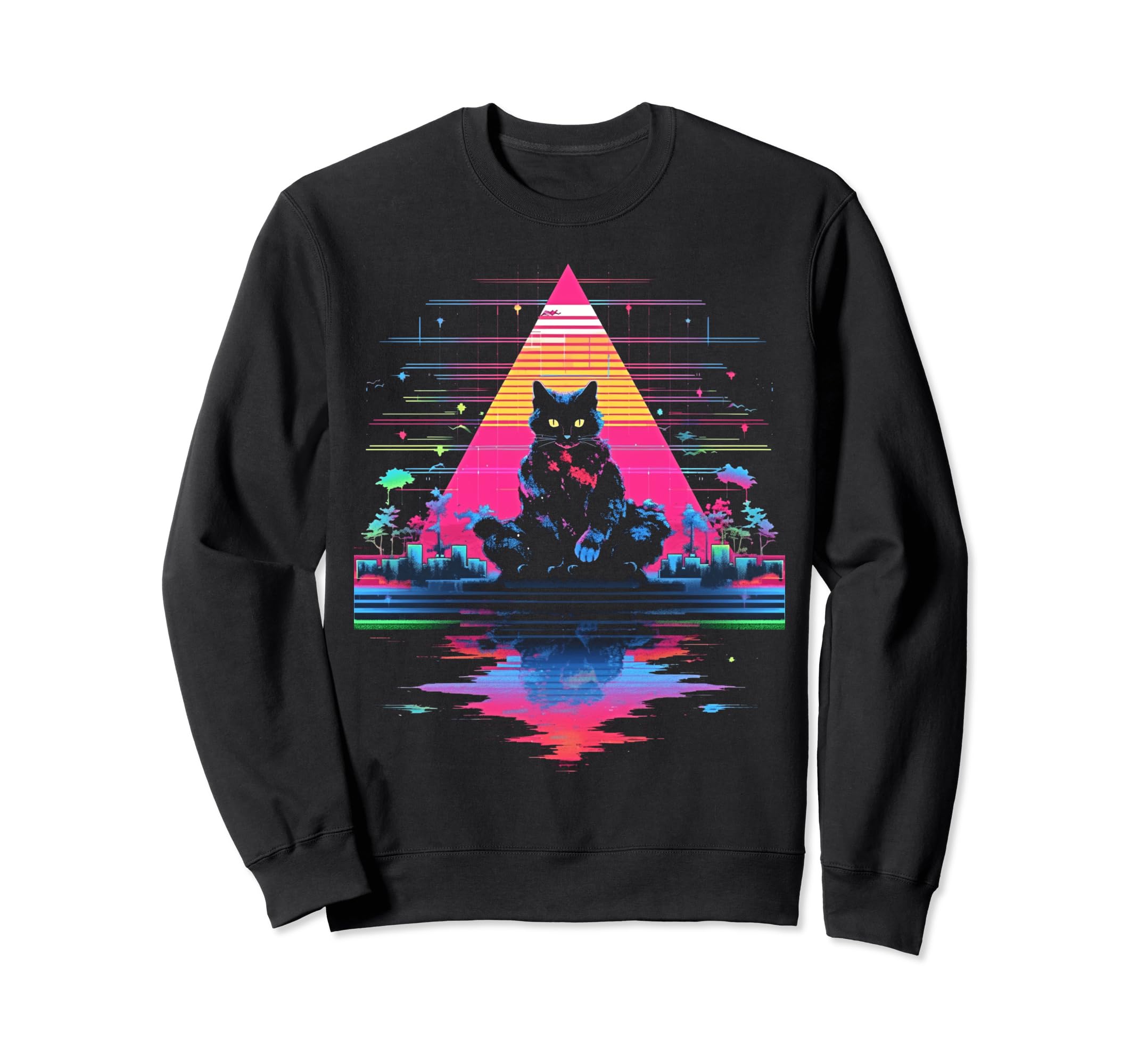 Synthwave Cat Samurai Mediation Sweatshirt - Graphic Print Men Women - T-Shirt, Sweatshirt, Hoodie