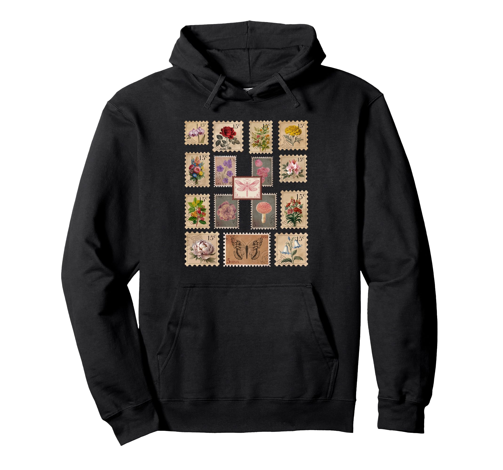 Postage Stamp Collage Flower Butterfly Hoodie - Novelty Apparel for Adults - T-Shirt, Sweatshirt, Hoodie