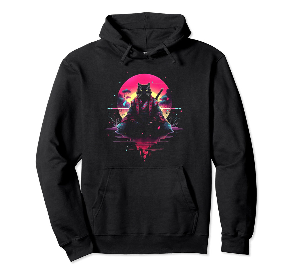 Synthwave Cat Samurai Mediation Hoodie - Aesthetic Graphic Unisex - T-Shirt, Sweatshirt, Hoodie