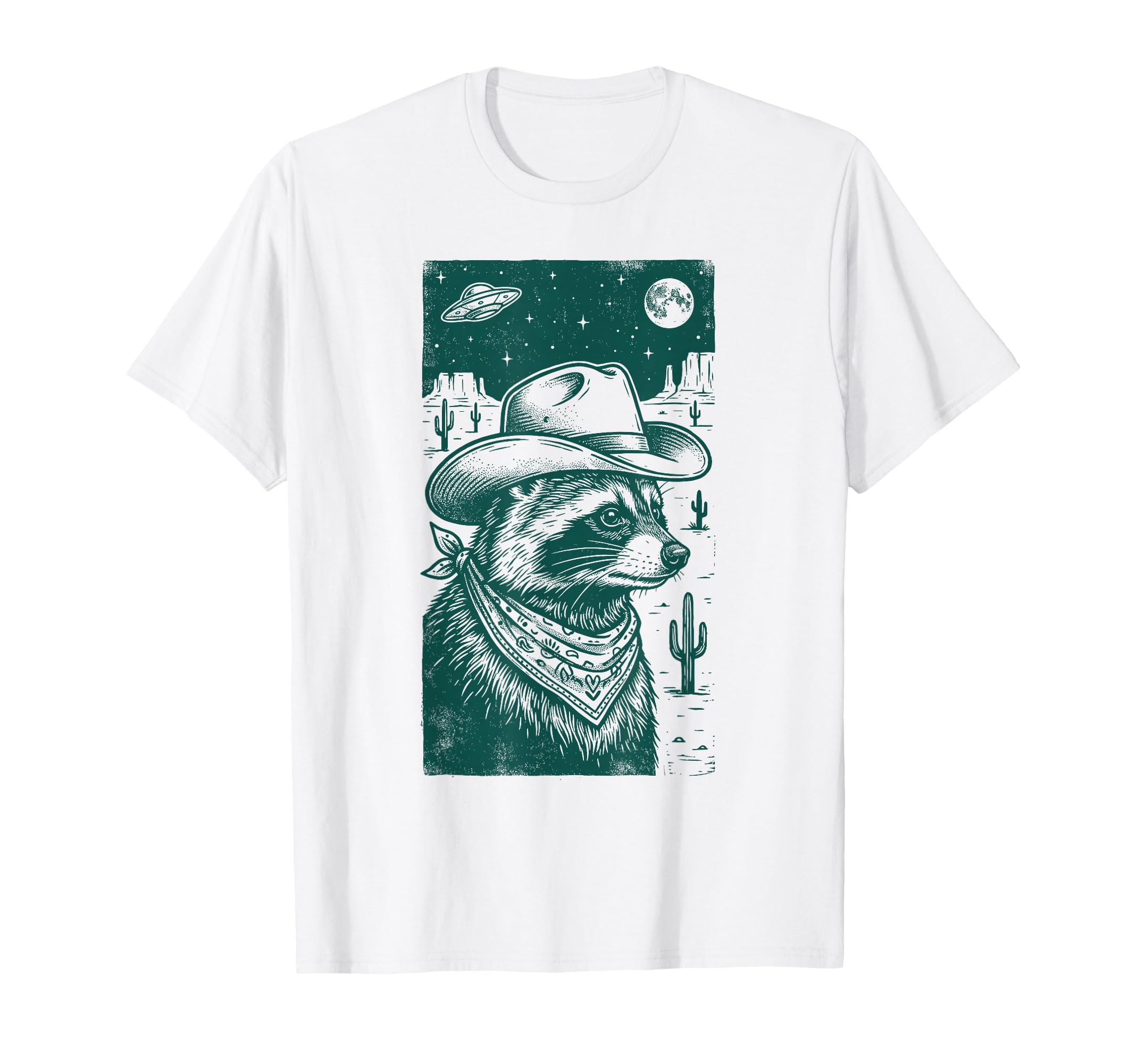 Cowboy Raccoon Ufo Desert Space Western T-Shirt - Custom Art Print Unisex - T-Shirt, Sweatshirt, Hoodie