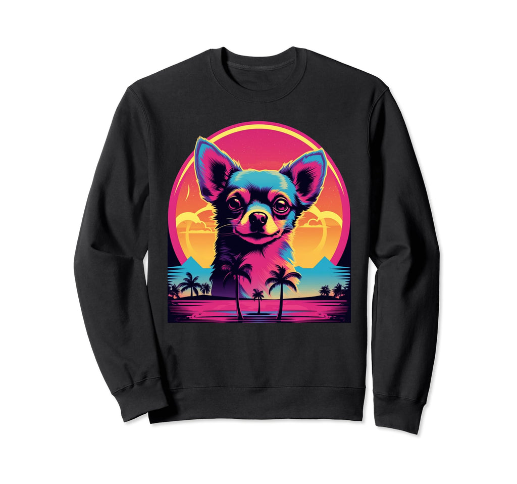 Chihuahua 80S Synthwave Sunset Sweatshirt - Graphic Print for Adults - T-Shirt, Sweatshirt, Hoodie
