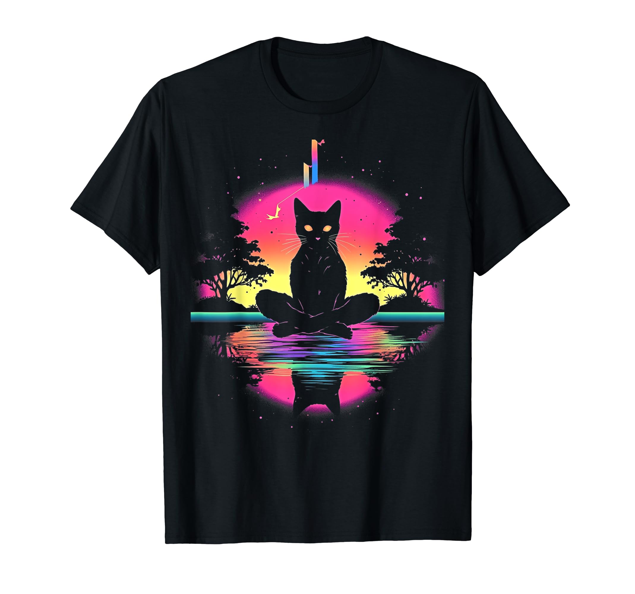 Synthwave Cat Samurai Mediation T-Shirt - Minimalist Print Unisex - T-Shirt, Sweatshirt, Hoodie