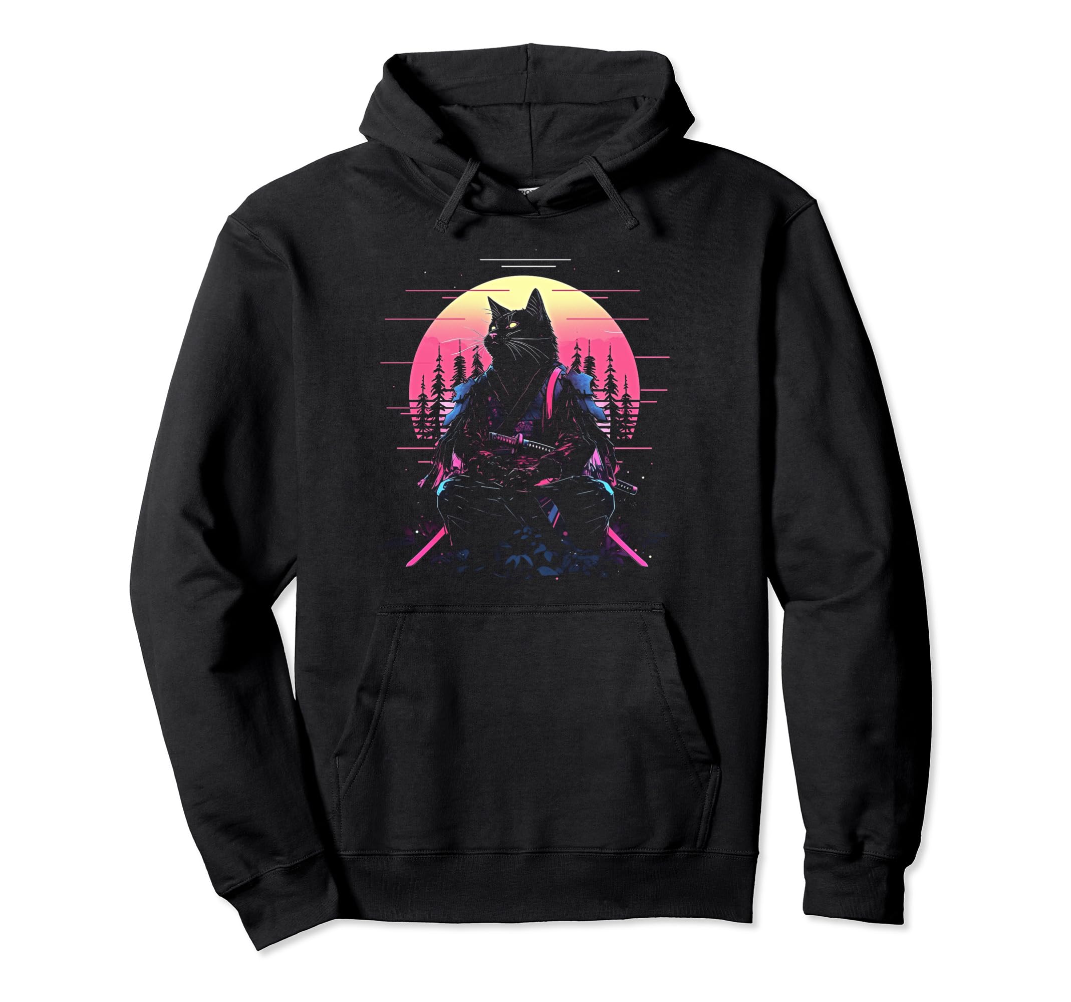 Synthwave Cat Samurai Mediation Hoodie - Casual Everyday Wear for Adults - T-Shirt, Sweatshirt, Hoodie