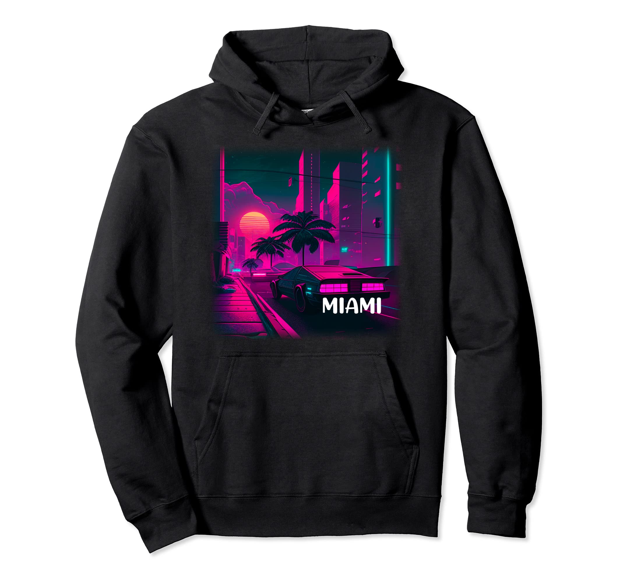 Miami Synthwave Vaporwave Sunset Palm Hoodie - Graphic Print for Adults - T-Shirt, Sweatshirt, Hoodie