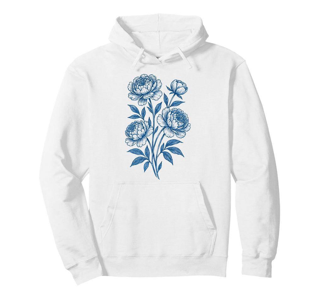 Blue Linocut Flower Botanical Art Hoodie - Unique Graphic Men Women - T-Shirt, Sweatshirt, Hoodie