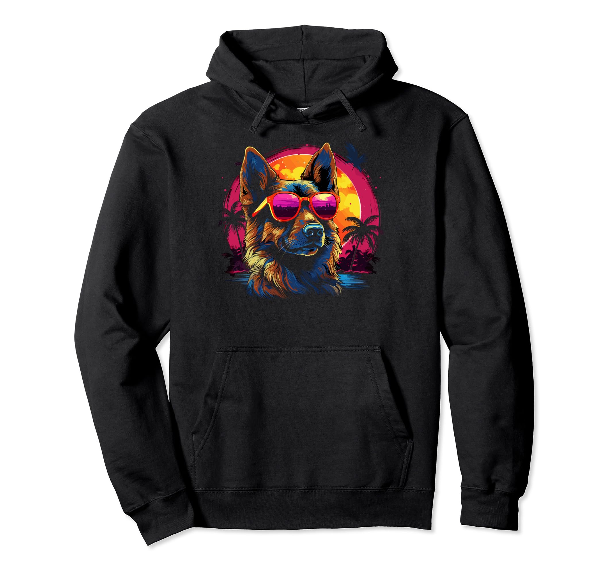 80S Synthwave German Shepherd Hoodie - Casual Everyday Wear Unisex - T-Shirt, Sweatshirt, Hoodie