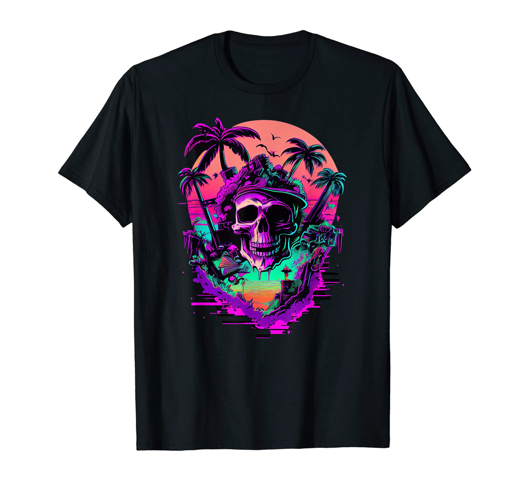 Synthwave Retrowave Pirate Skull T-Shirt - Custom Art Print Men Women - T-Shirt, Sweatshirt, Hoodie