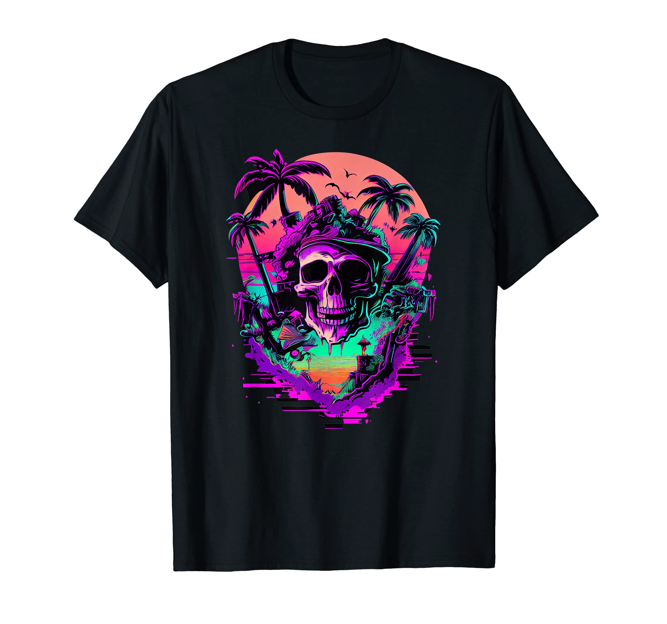 Synthwave Retrowave Pirate Skull T-Shirt - Custom Art Print Men Women - T-Shirt, Sweatshirt, Hoodie