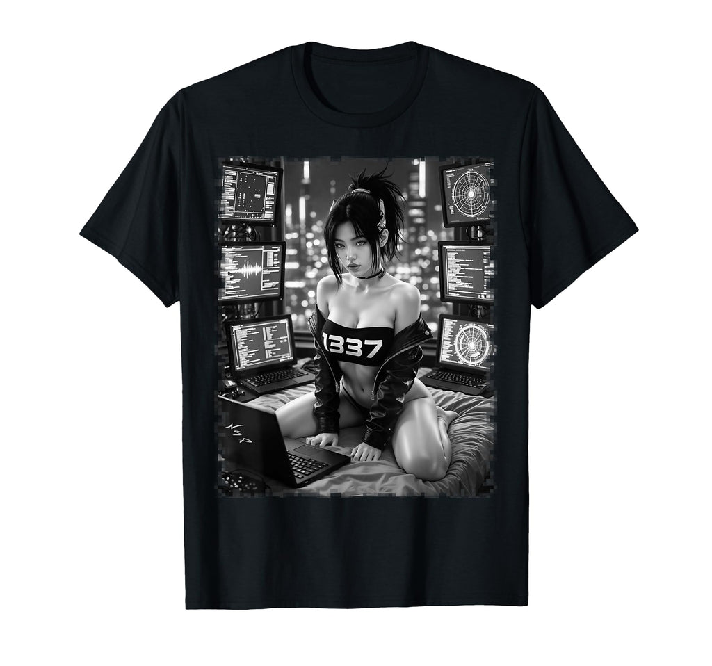 Sexy 1337 Cyberpunk Hacker B W T-Shirt - Aesthetic Graphic Unisex - T-Shirt, Sweatshirt, Hoodie