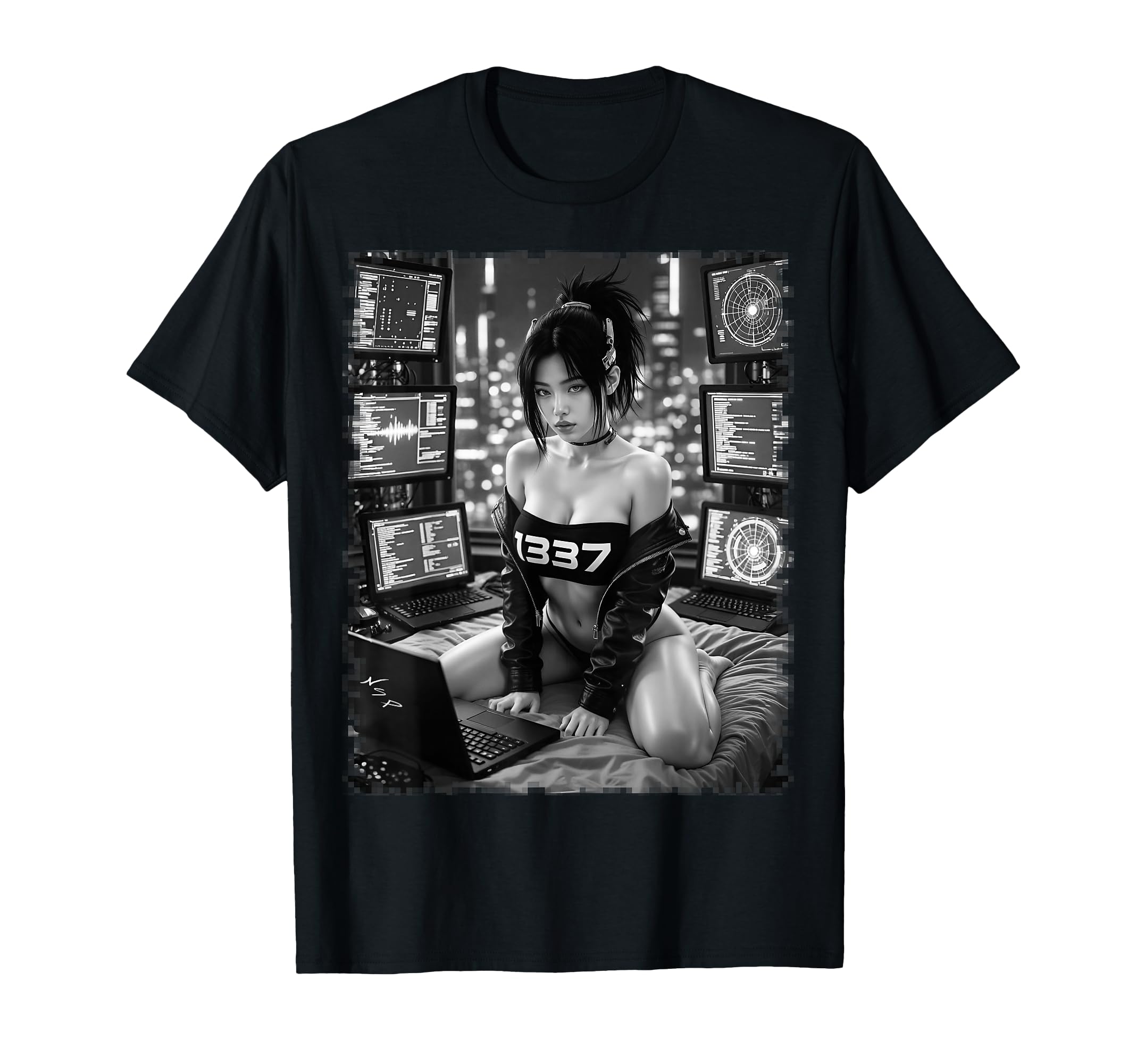 Sexy 1337 Cyberpunk Hacker B W T-Shirt - Aesthetic Graphic Unisex - T-Shirt, Sweatshirt, Hoodie