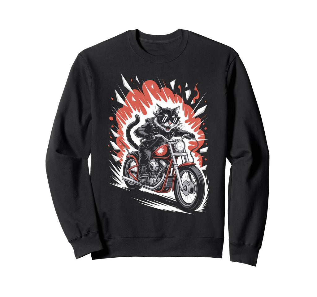 Cat Biker Riding Motorcycle Sweatshirt - Fun Novelty Design for Adults - T-Shirt, Sweatshirt, Hoodie