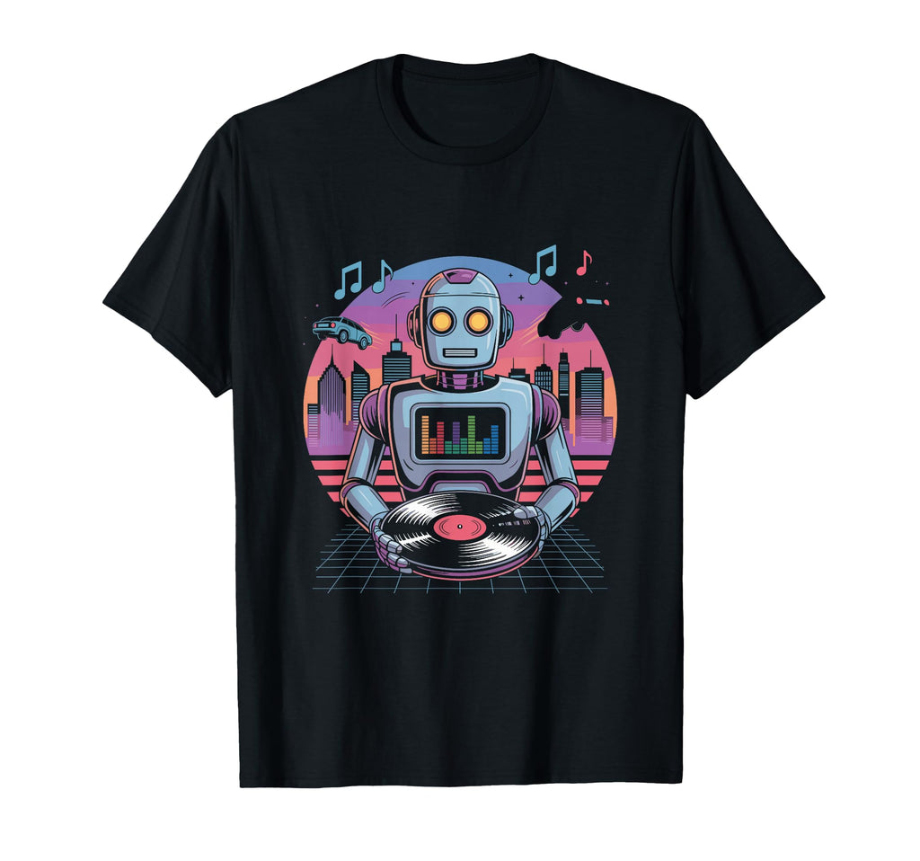 Robot Dj Vinyl City Skyline Music T-Shirt - Custom Art Print Unisex - T-Shirt, Sweatshirt, Hoodie