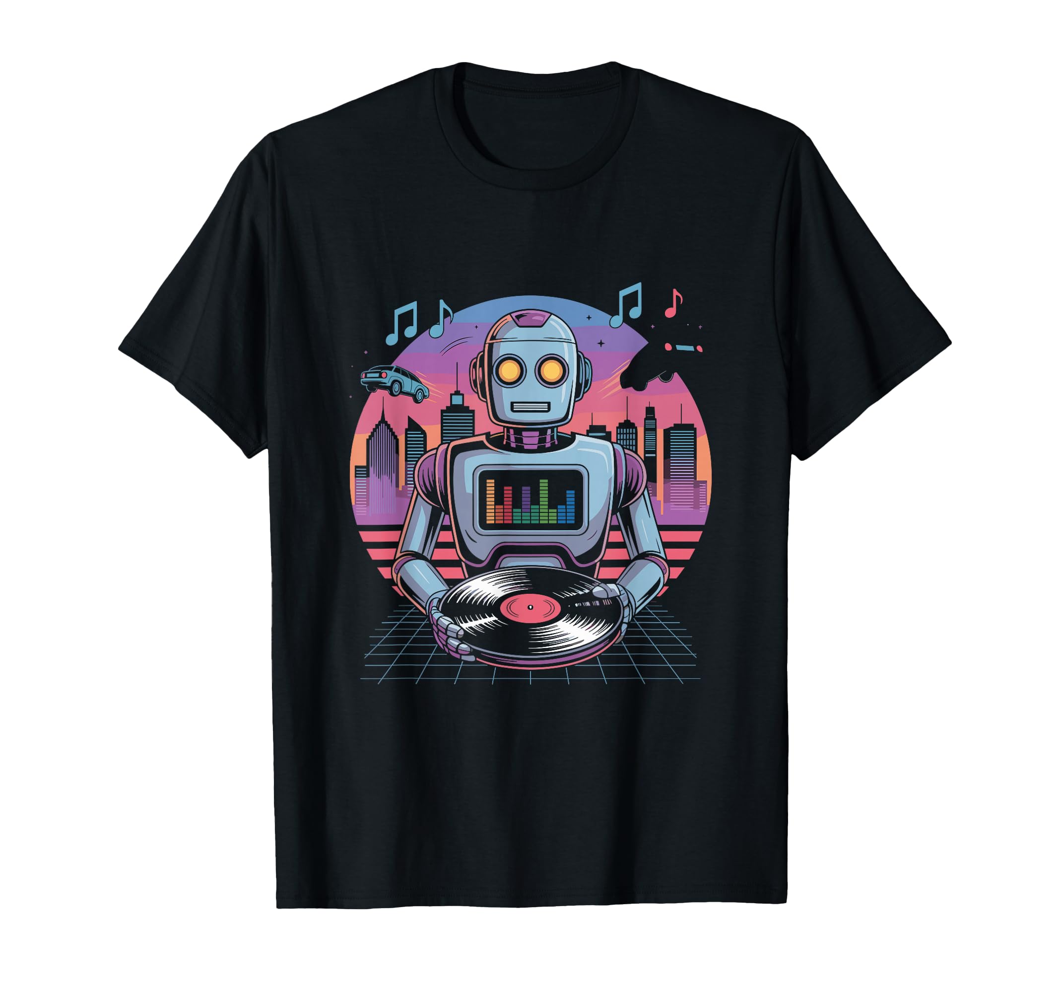 Robot Dj Vinyl City Skyline Music T-Shirt - Custom Art Print Unisex - T-Shirt, Sweatshirt, Hoodie