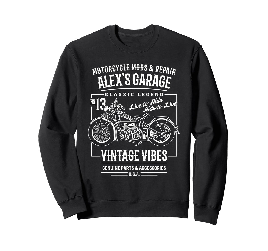 Alexs Garage Motorcycle Name Alex Sweatshirt - Novelty Apparel for Adults - T-Shirt, Sweatshirt, Hoodie