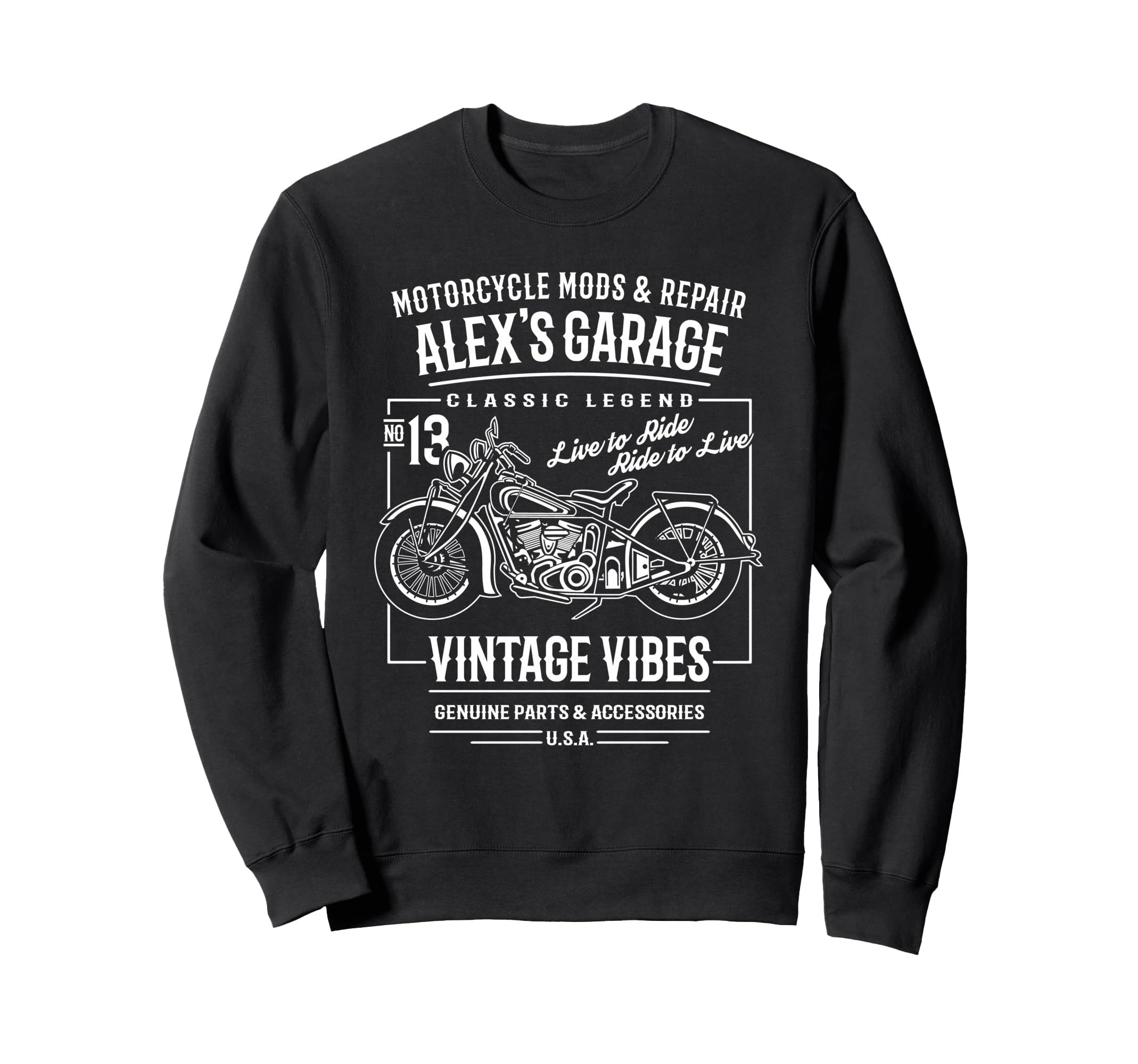 Alexs Garage Motorcycle Name Alex Sweatshirt - Novelty Apparel for Adults - T-Shirt, Sweatshirt, Hoodie