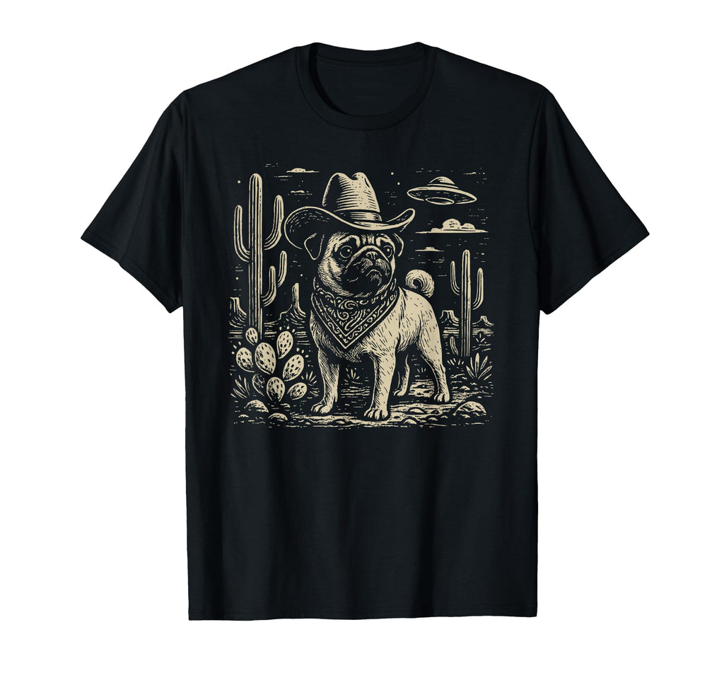 Western Pug Cowboy Ufo Dog T-Shirt - Custom Art Print for Adults - T-Shirt, Sweatshirt, Hoodie