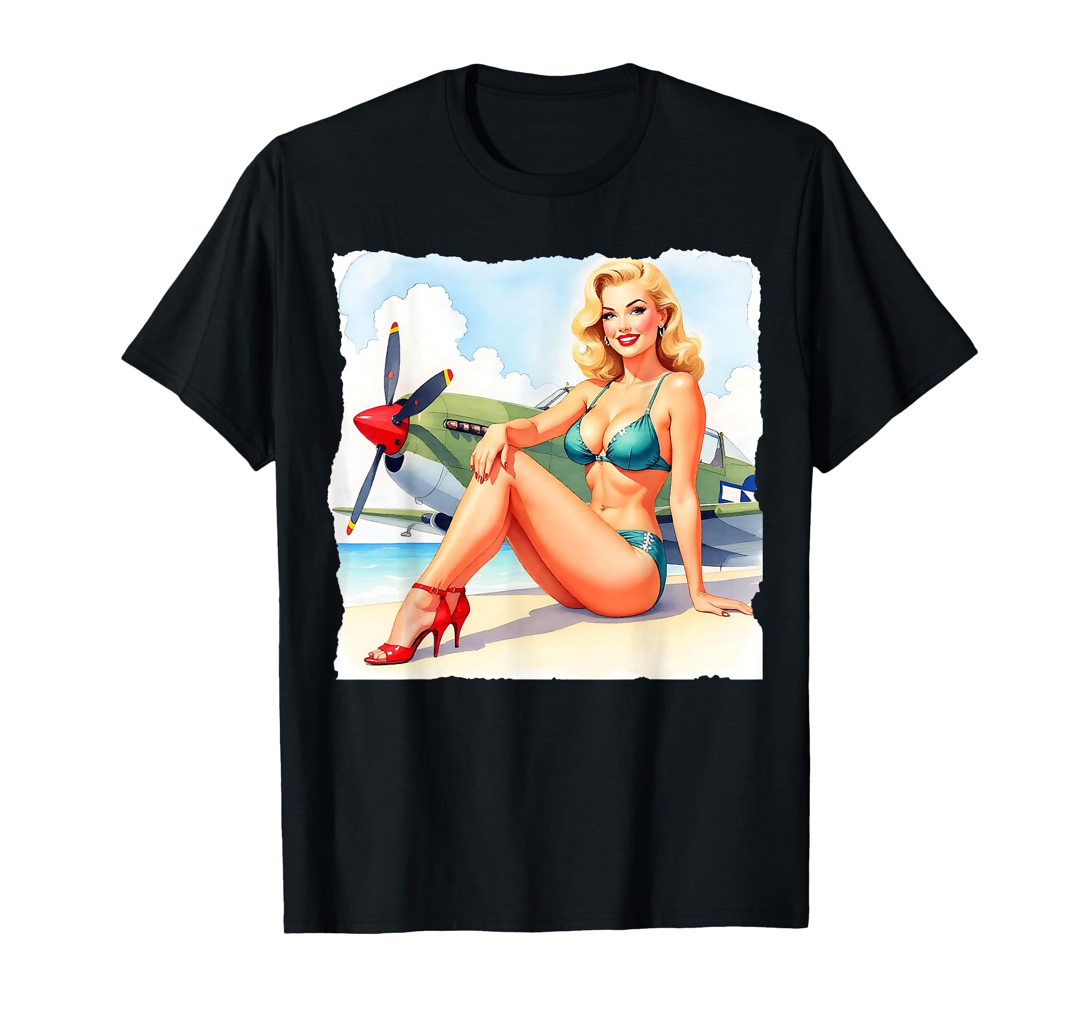 1940S Pin Up P 51 Warbird Scene T-Shirt - Fun Novelty Design Unisex - T-Shirt, Sweatshirt, Hoodie