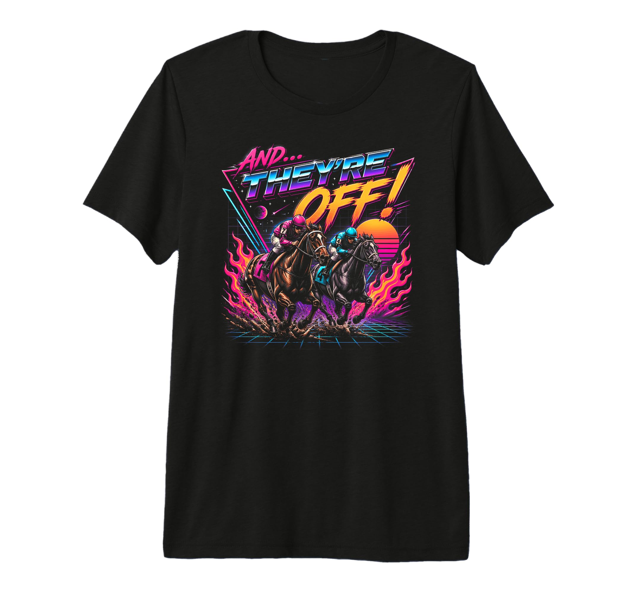And Theyre Off Horse Racing Synthwave 80S T-Shirt - Graphic Print Unisex - T-Shirt, Sweatshirt, Hoodie