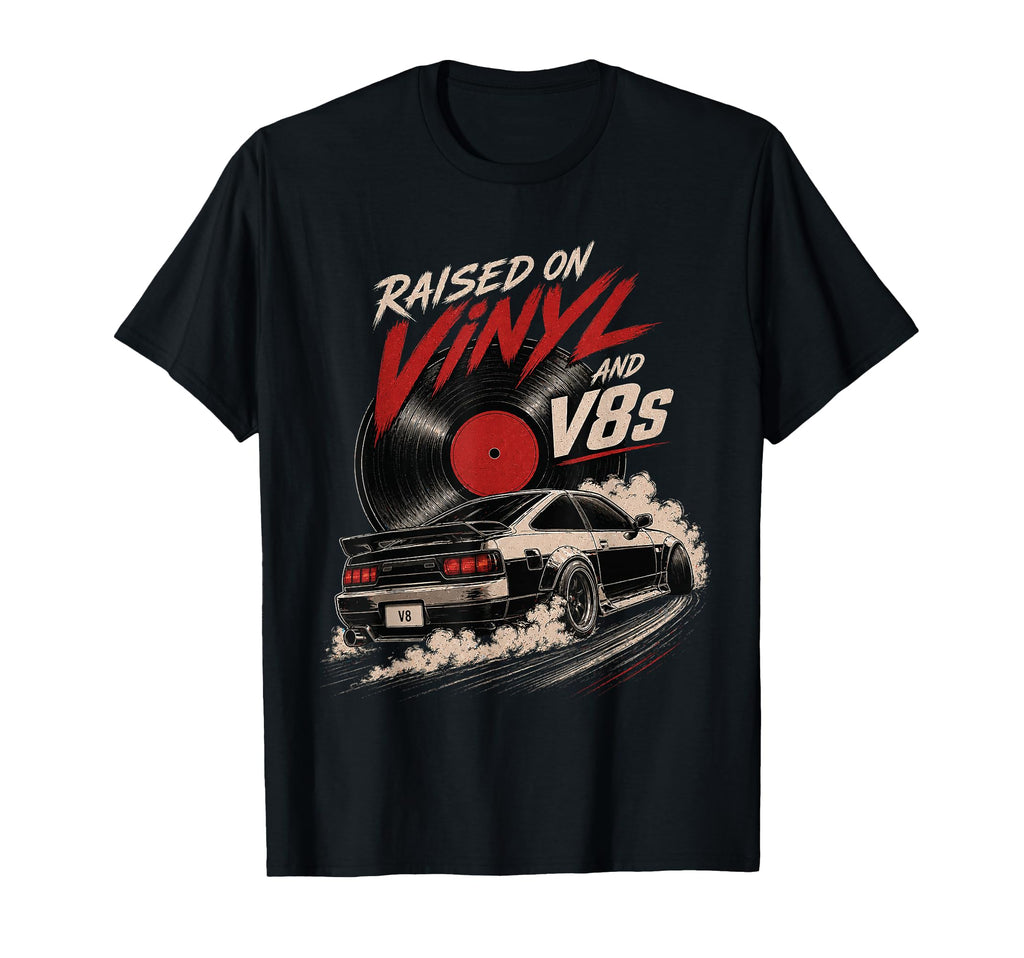 Raised Vinyl And V8S Car Music T-Shirt - Graphic Print Unisex - T-Shirt, Sweatshirt, Hoodie
