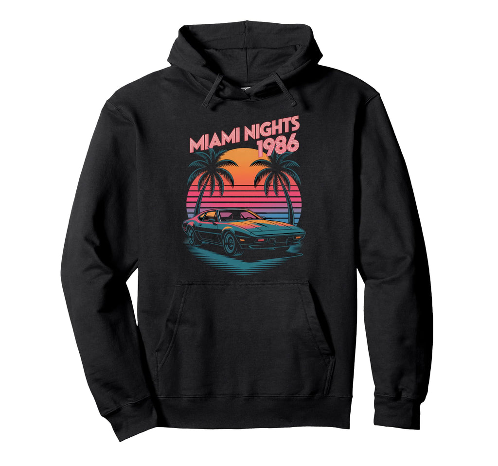 Miami Nights 1986 Synthwave Hoodie - Casual Everyday Wear for Adults - T-Shirt, Sweatshirt, Hoodie