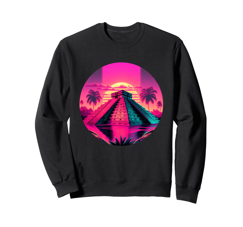 Synthwave 80S Chichen Itza Pyramid Sweatshirt - Fun Novelty Design Unisex - T-Shirt, Sweatshirt, Hoodie