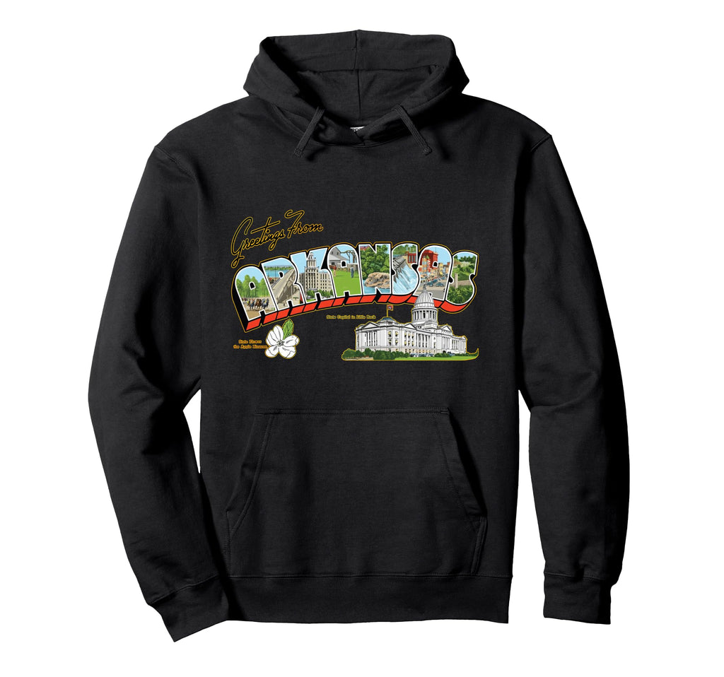 Greetings From Arkansas Postcard Hoodie - Novelty Apparel for Adults - T-Shirt, Sweatshirt, Hoodie