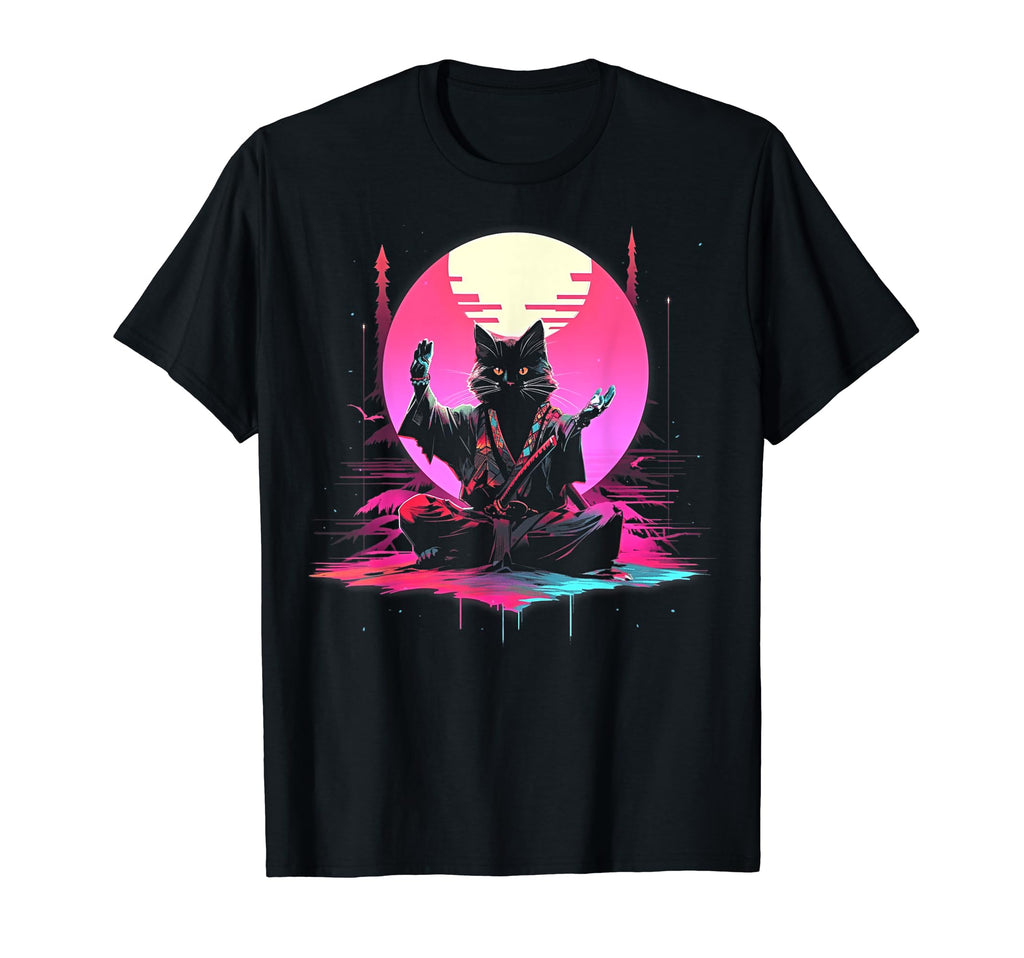 Synthwave Cat Samurai Mediation T-Shirt - Streetwear Style Unisex - T-Shirt, Sweatshirt, Hoodie