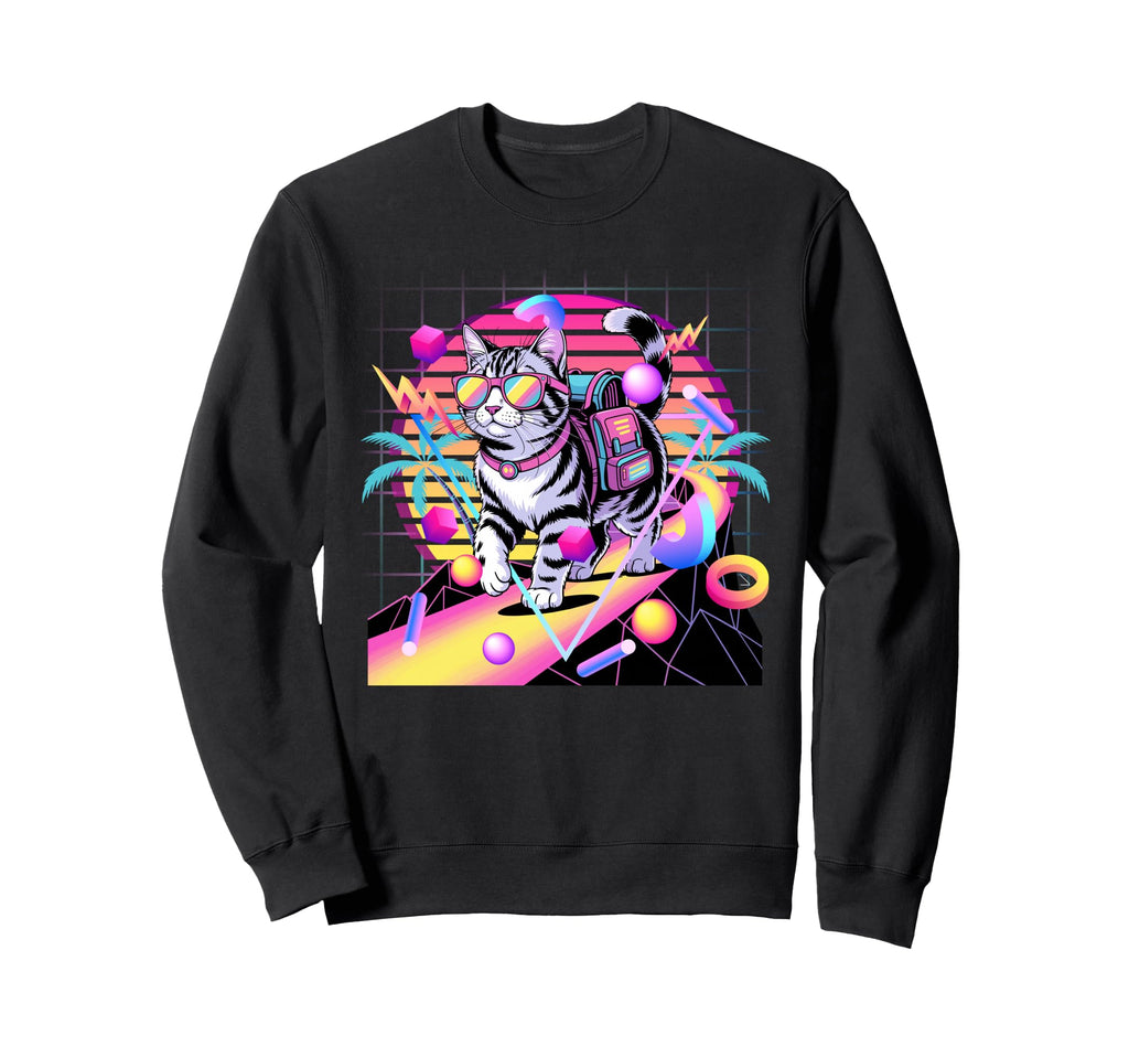 Cat Synthwave 80S Aesthetic Sweatshirt - Aesthetic Graphic Men Women - T-Shirt, Sweatshirt, Hoodie
