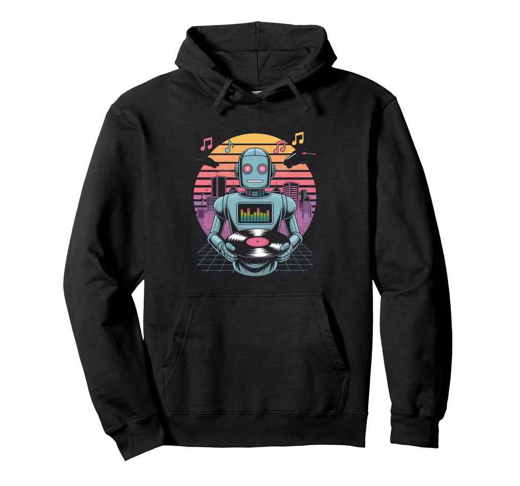 Robot Dj Vinyl City Skyline Music Hoodie - Unique Graphic Unisex - T-Shirt, Sweatshirt, Hoodie