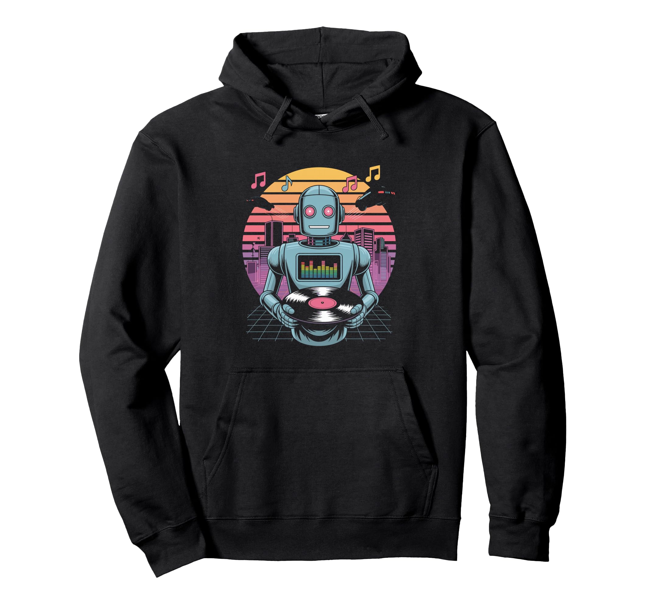 Robot Dj Vinyl City Skyline Music Hoodie - Unique Graphic Unisex - T-Shirt, Sweatshirt, Hoodie
