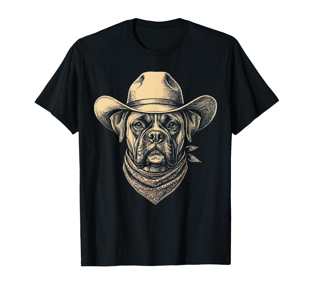 Boxer Dog Cowboy Hat Bandana Western T-Shirt - Custom Art Print Men Women - T-Shirt, Sweatshirt, Hoodie