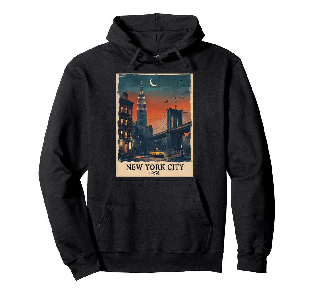 City Dusk Taxi And Bridge Illustration Art Hoodie - Custom Art Print Unisex - T-Shirt, Sweatshirt, Hoodie