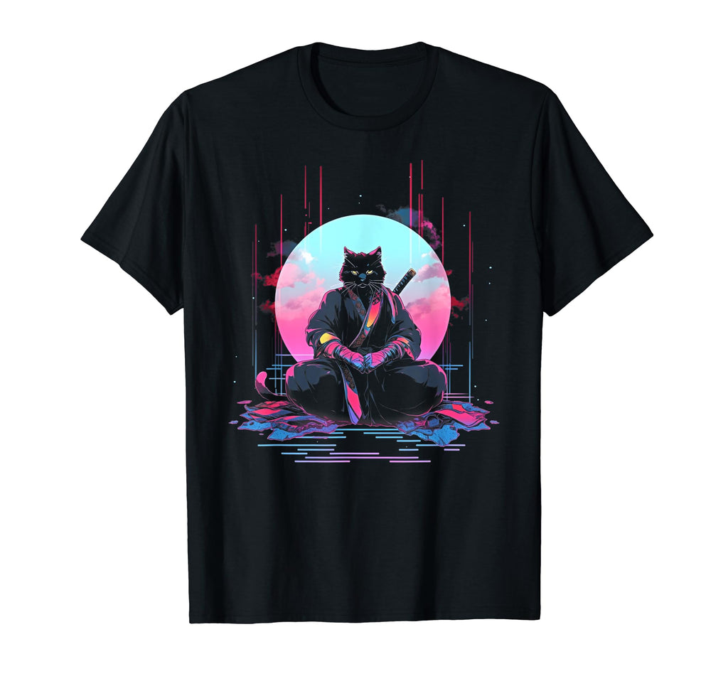 Synthwave Cat Samurai Mediation T-Shirt - Minimalist Print for Adults - T-Shirt, Sweatshirt, Hoodie